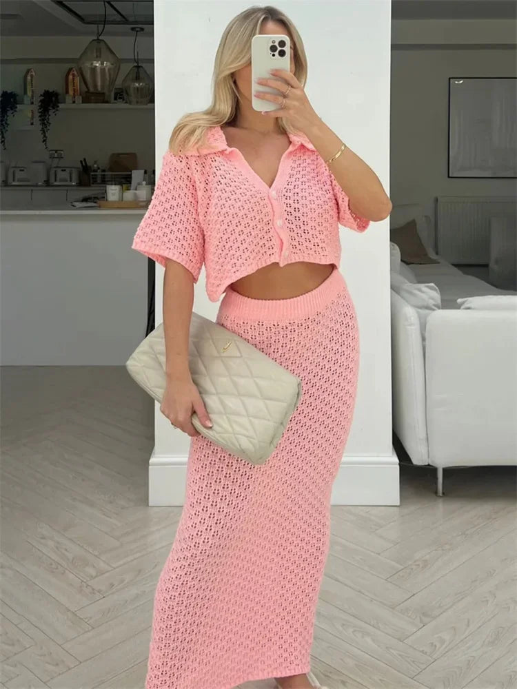 Knit Hollow Out Top and Long Skirt Suit