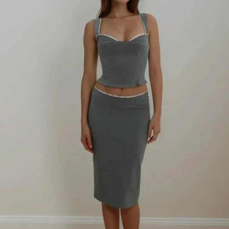 Spliced Lace Top Low Waist Midi Skirt Suits