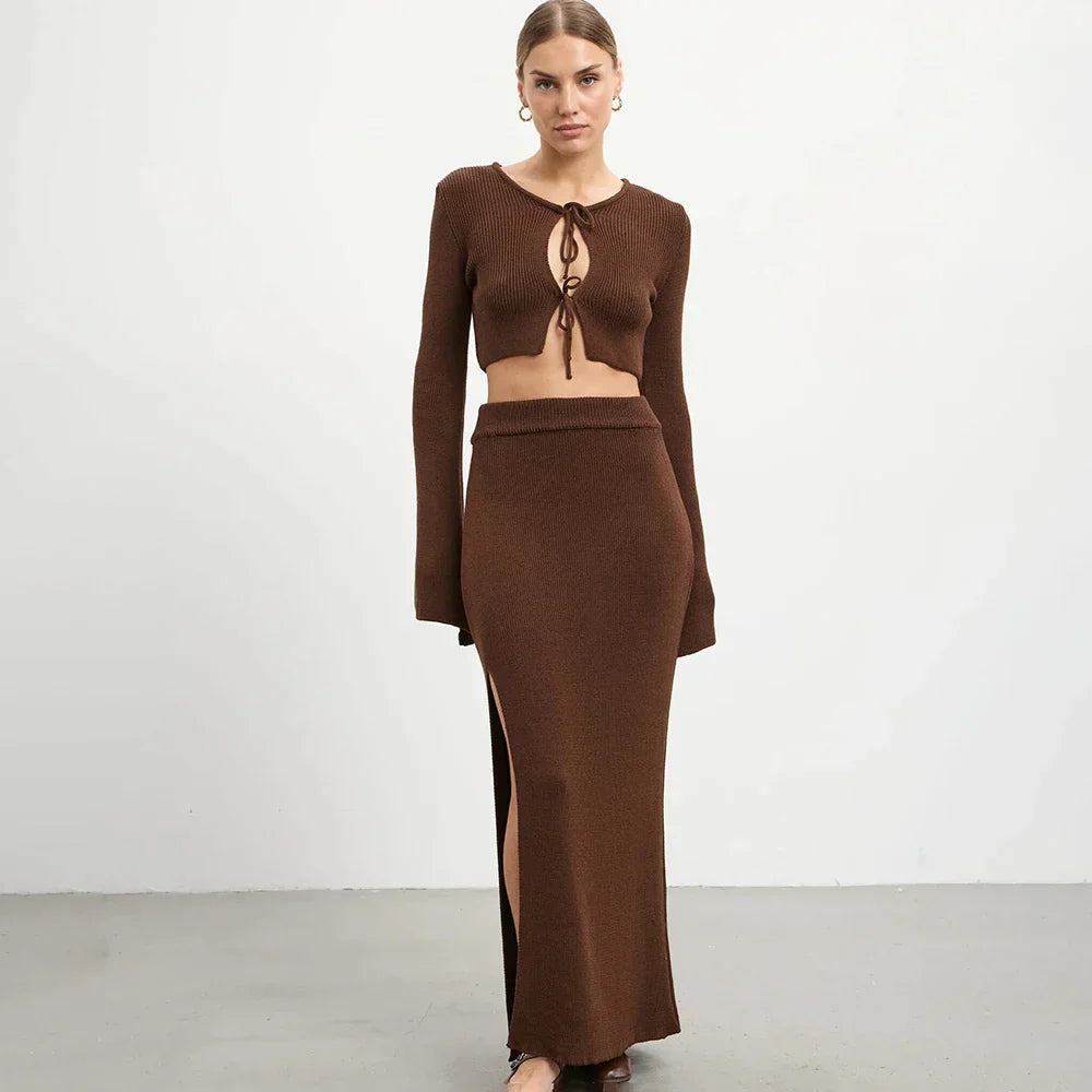 Knit Solid Lace-up Cardigan Top Slit Long Skirt Set
