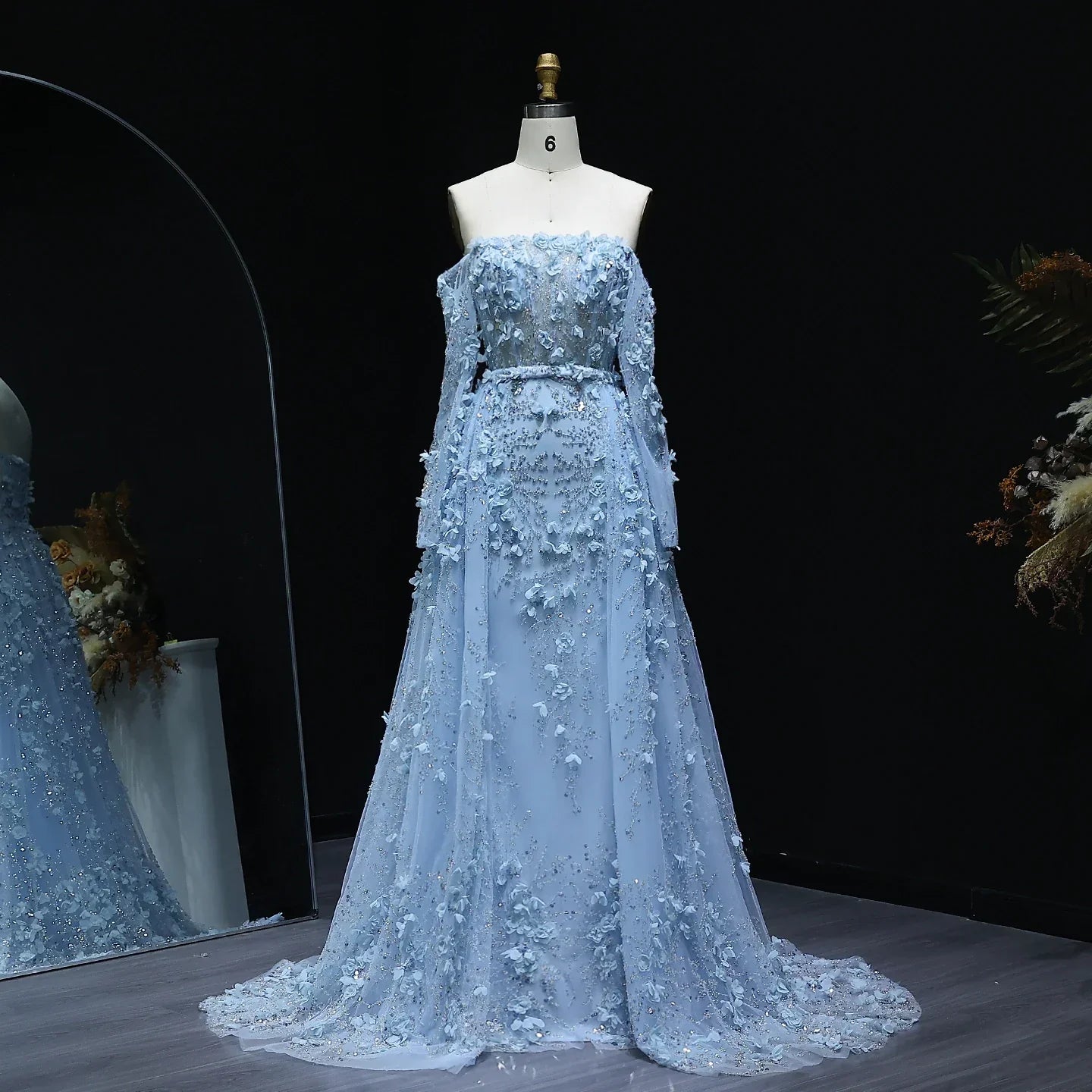 3D Flowers Evening Dress with Overskirt Long Sleeves