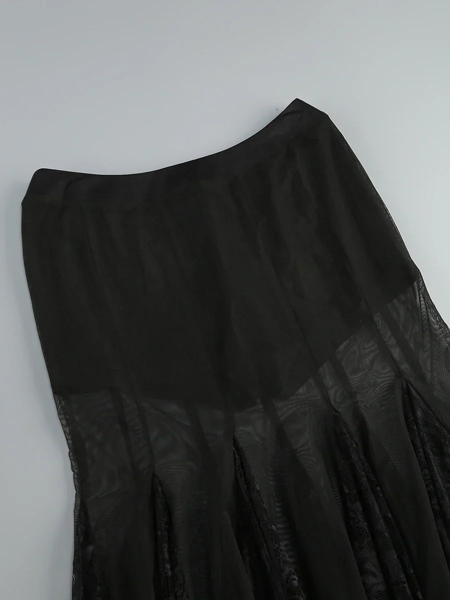 Lace Corset Patchwork Skirt And Gloves Set