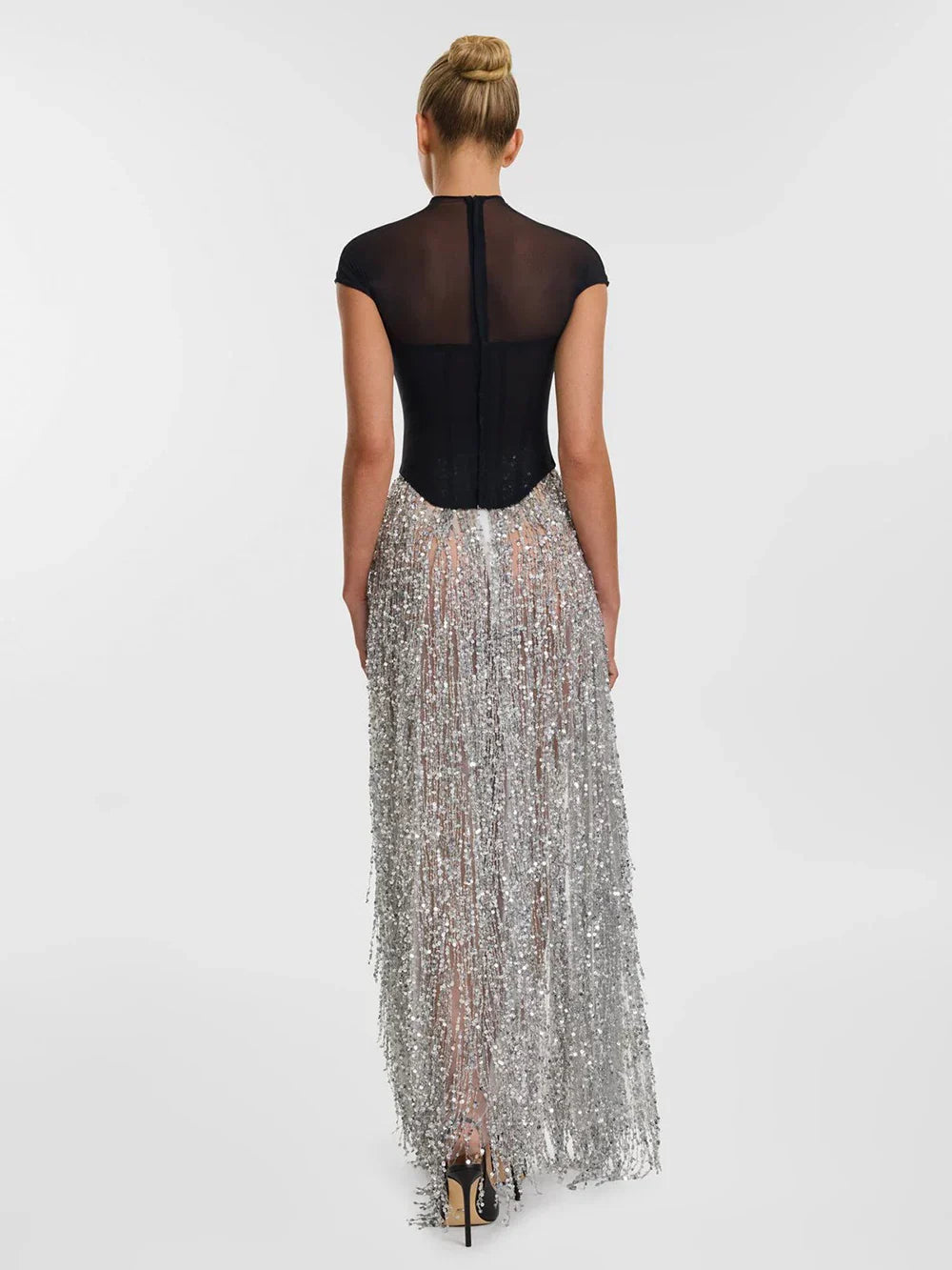 Black Fishbone Top Sequin Mesh Long Skirt Set