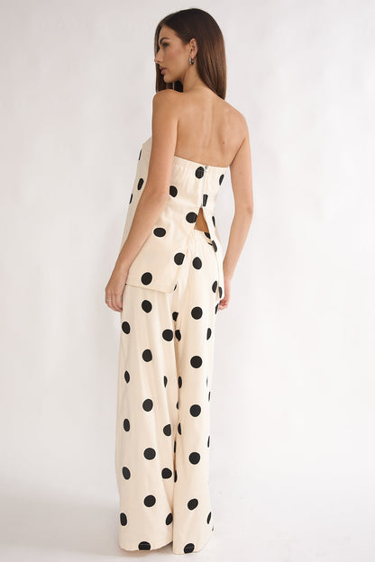 Loraya Wide Leg Pleat Pants Polka Dot Beige/Black