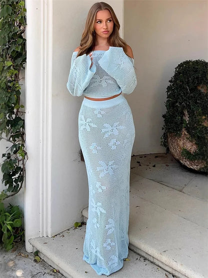 Knit 2-Piece Set Women's Beach Cardigan and Maxi Skirt