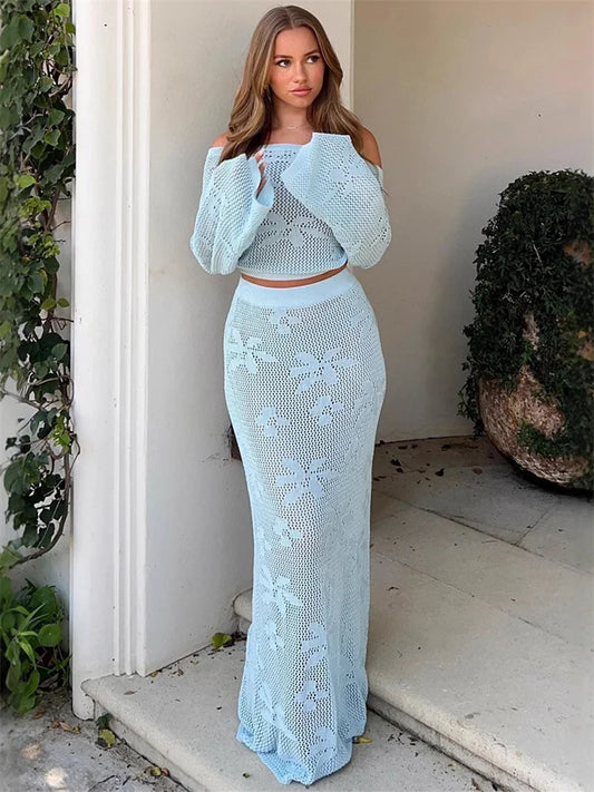 Knit 2-Piece Set Women's Beach Cardigan and Maxi Skirt
