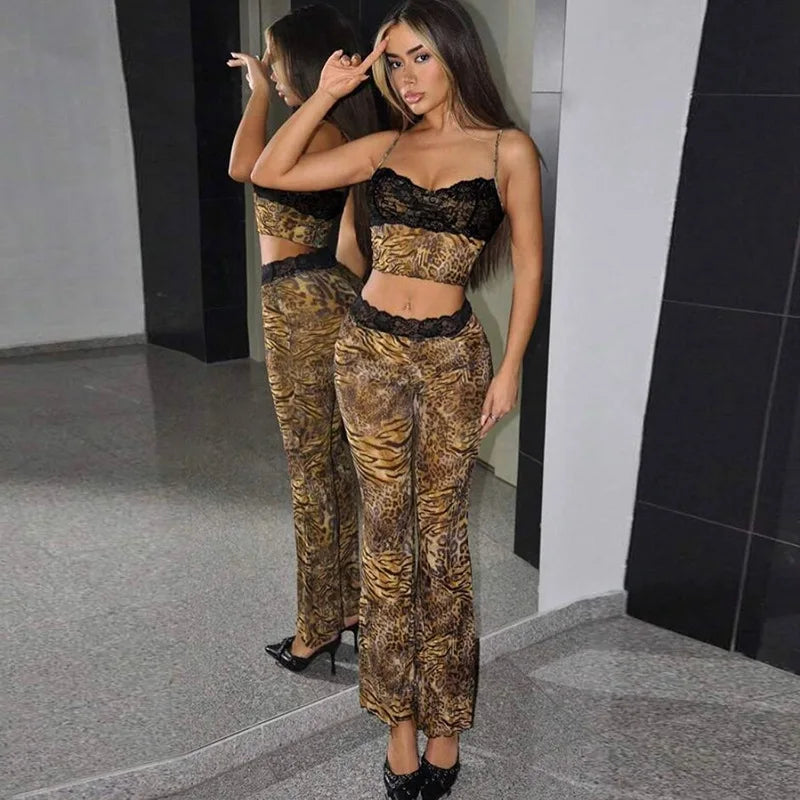 Leopard Print Two-Piece Cami Flare Pantsuit