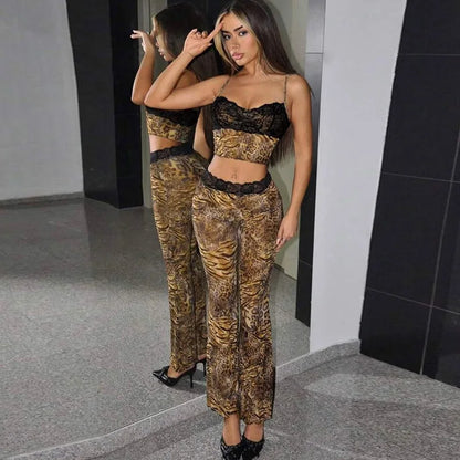 Leopard Print Two-Piece Cami Flare Pantsuit