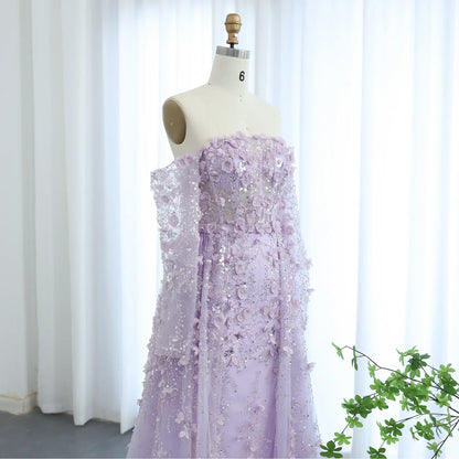 3D Flowers Evening Dress with Overskirt Long Sleeves