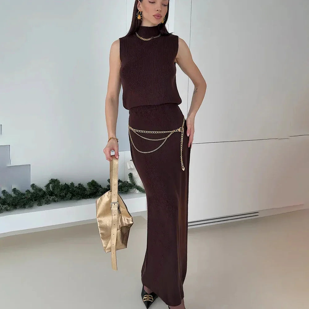 Solid Knit Sleeveless Top Long Skirt Set