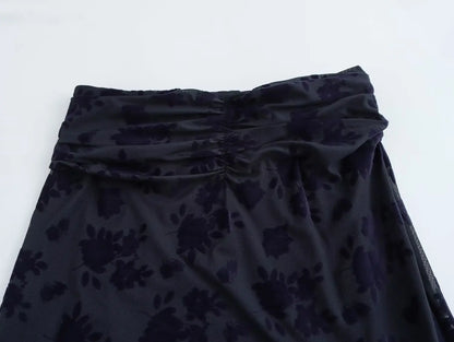Texture Blue Top Asymmetrical Long Skirt Suit
