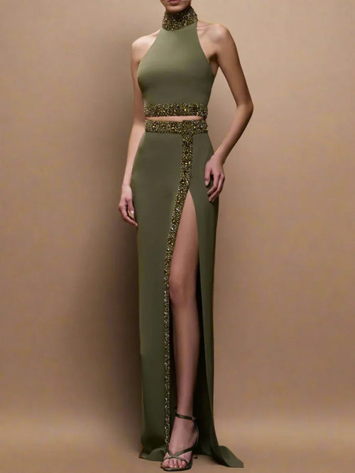 Beaded Diamond Two-Piece Crop Top Split Skirt Set