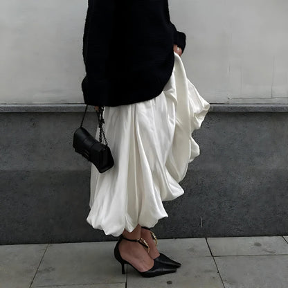 Satin A-Line Bubble Midi Skirt