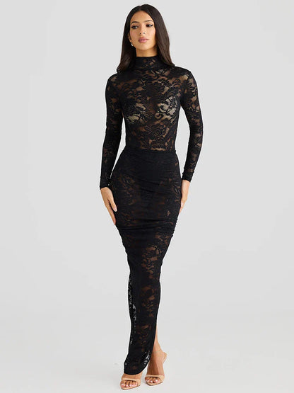 Turtleneck Top And Floral Split Long Skirt Sets