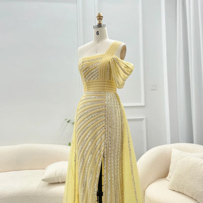 Sage Green One-Shoulder Evening Gown with Overskirt