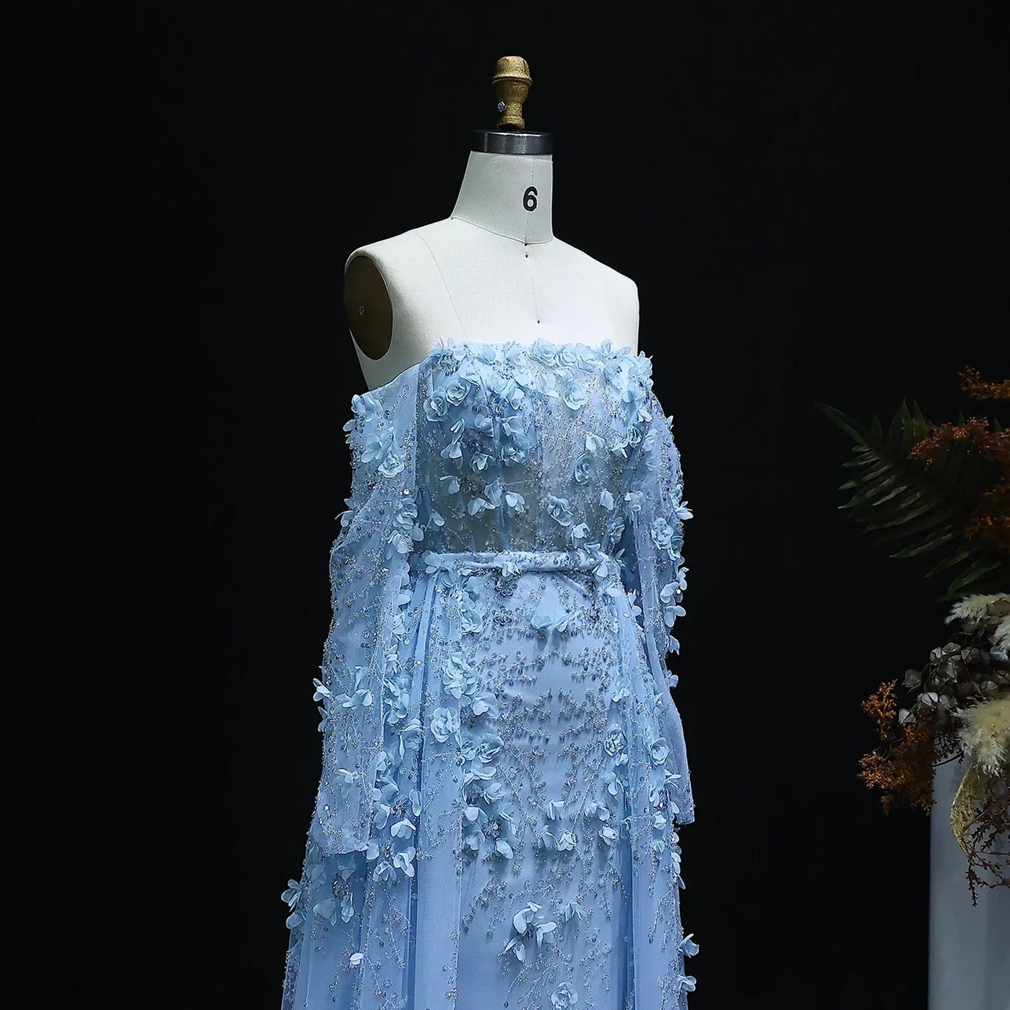 3D Flowers Evening Dress with Overskirt Long Sleeves