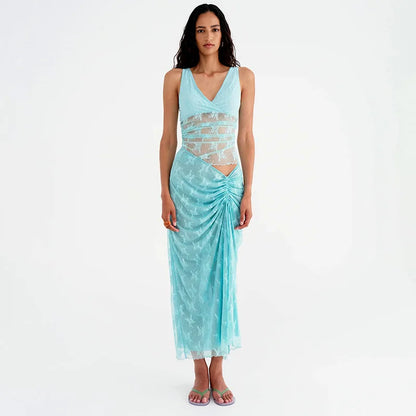 Elegant Summer Lace V-Neck 2-Piece Maxi Skirt Set