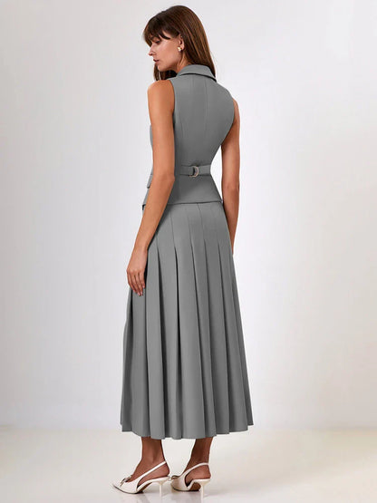 Notched Collar Pleated Skirt Suit Two Piece Sets
