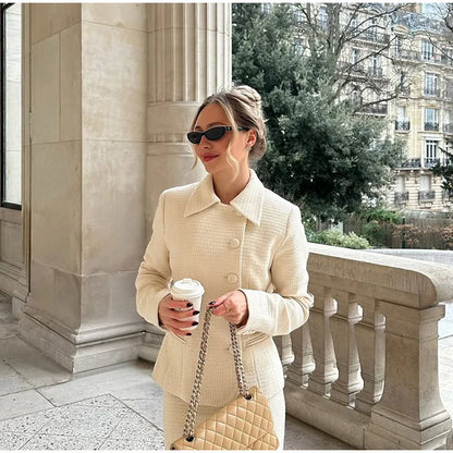 Solid Stand Collar Jackets and Skirts Suit