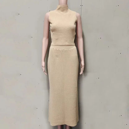Solid Knit Sleeveless Top Long Skirt Set