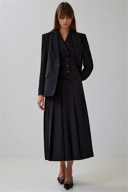 Notched Collar Pleated Skirt Suit Two Piece Sets