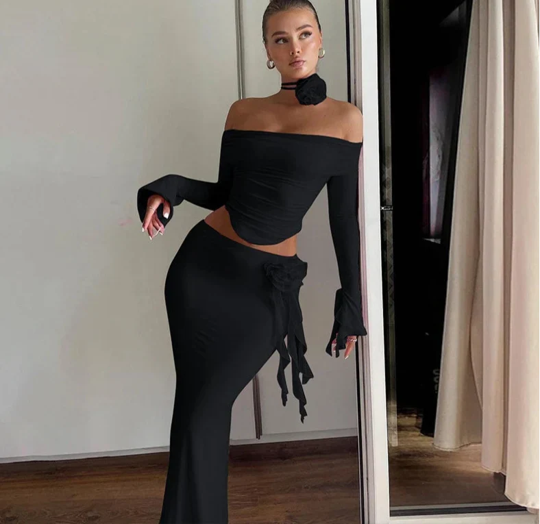 Off Shoulder Crop Top, Bodycon Maxi Skirt Set