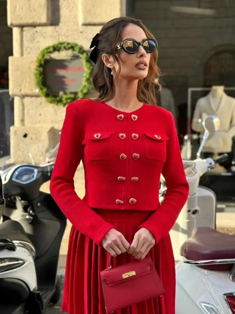 Heart-shaped Button Sweater and Skirts Suit