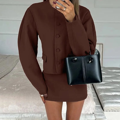 Round Neck Long Sleeve Jacket Mini Skirt Suit