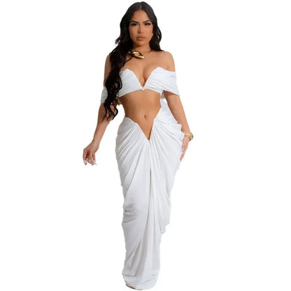 Pleated Strapless Crop Top and Long Skirt Suit