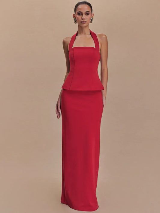 Square Collar Halter Top and Long Skirt Two-Piece Set