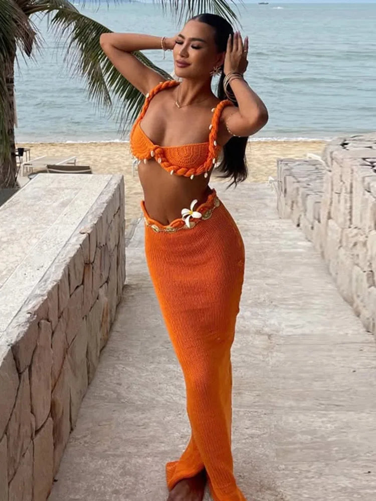 Shell Knitted Halter Top Split Fishtail Skirt Set