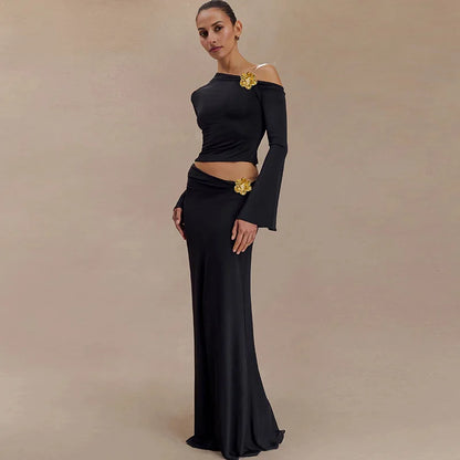 3D Floral-applique Long Sleeve Skirt Suit