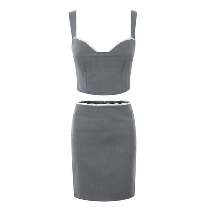 Spliced Lace Top Low Waist Midi Skirt Suits