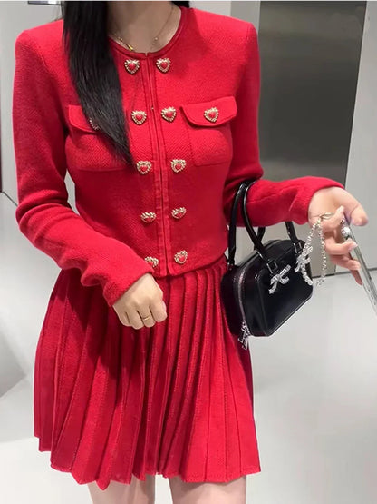 Heart-shaped Button Sweater and Skirts Suit