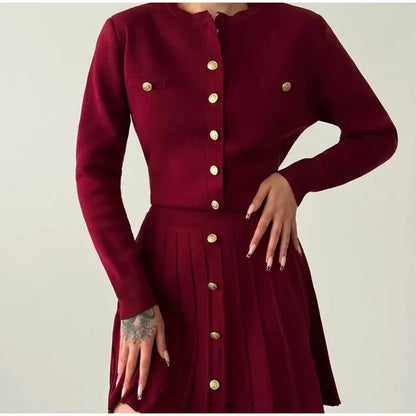 Slim Fit Elegant Burgundy Red Coat and Mini Skirt Set for Women