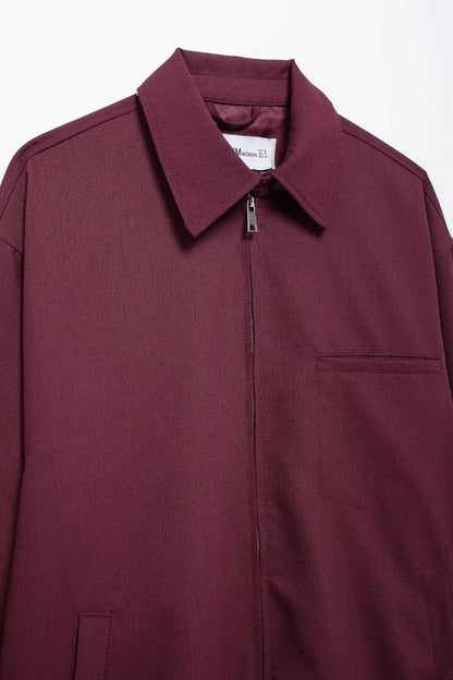 Zipper Lapel Burgundy Color Jacket and Skirt Suit