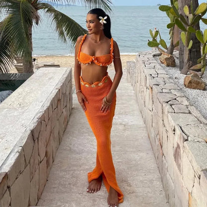 Shell Knitted Halter Top Split Fishtail Skirt Set