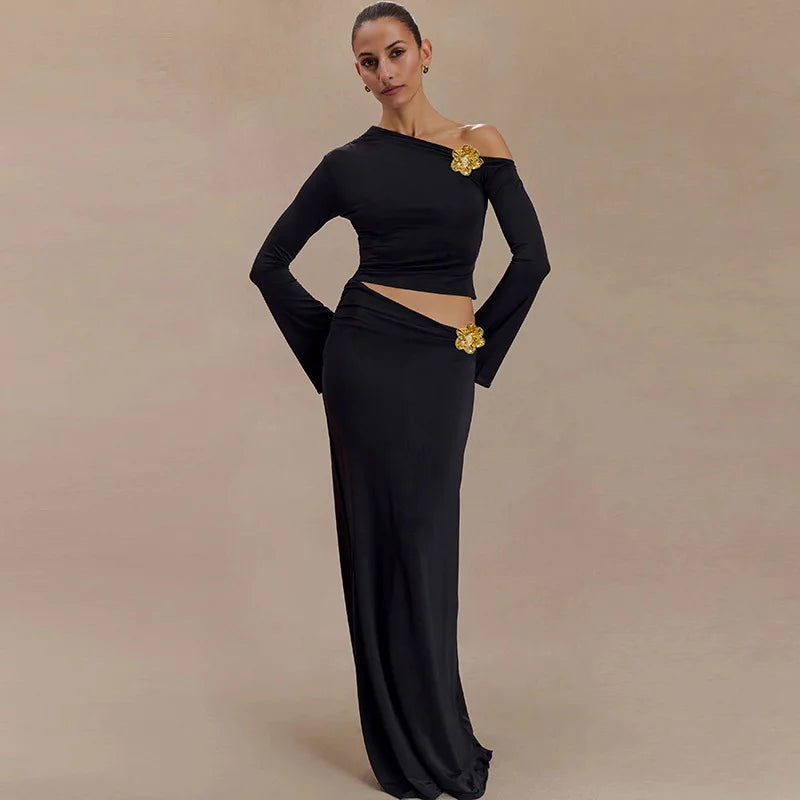3D Floral-applique Long Sleeve Skirt Suit