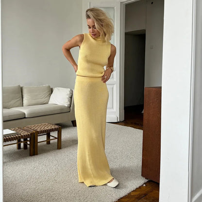 Solid Knit Sleeveless Top Long Skirt Set