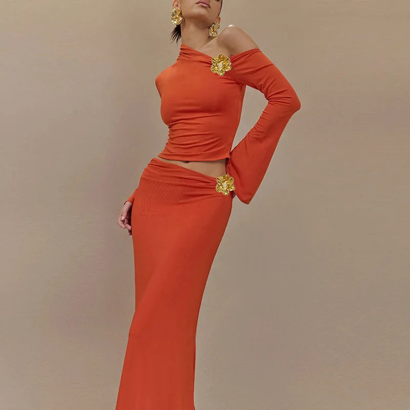 3D Floral-applique Long Sleeve Skirt Suit
