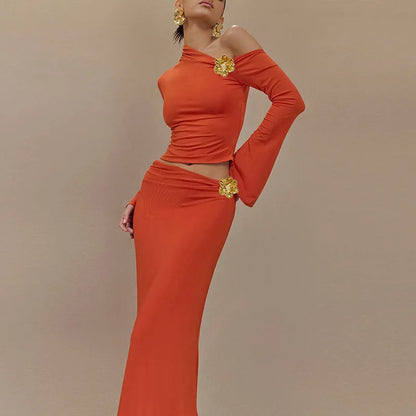 3D Floral-applique Long Sleeve Skirt Suit