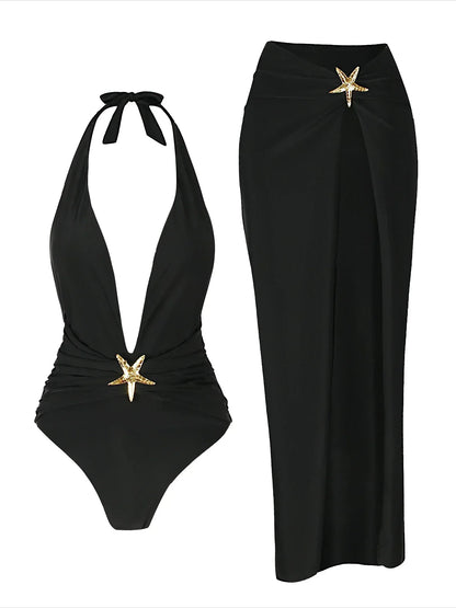 Starfish One Piece Bathing Suits with High Split Skirt