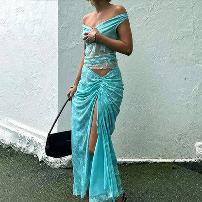 Elegant Summer Lace V-Neck 2-Piece Maxi Skirt Set