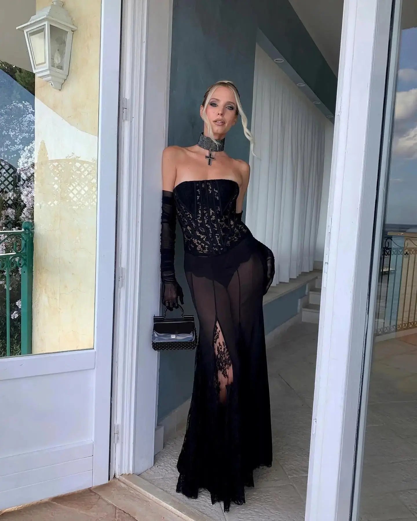 Lace Corset Patchwork Skirt And Gloves Set