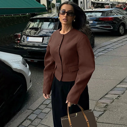Round Neck Long Sleeve Jacket Mini Skirt Suit