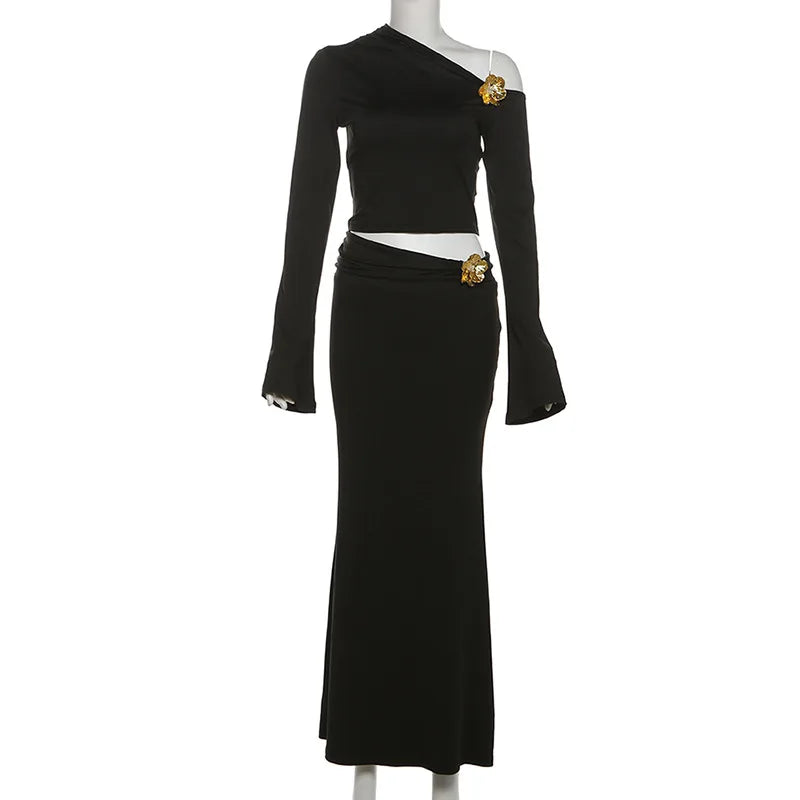 3D Floral-applique Long Sleeve Skirt Suit