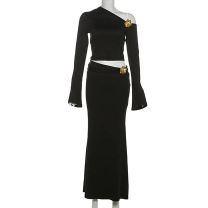 3D Floral-applique Long Sleeve Skirt Suit