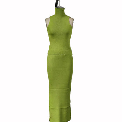 High Neck Knitting Top and Solid Long Skirt Suit