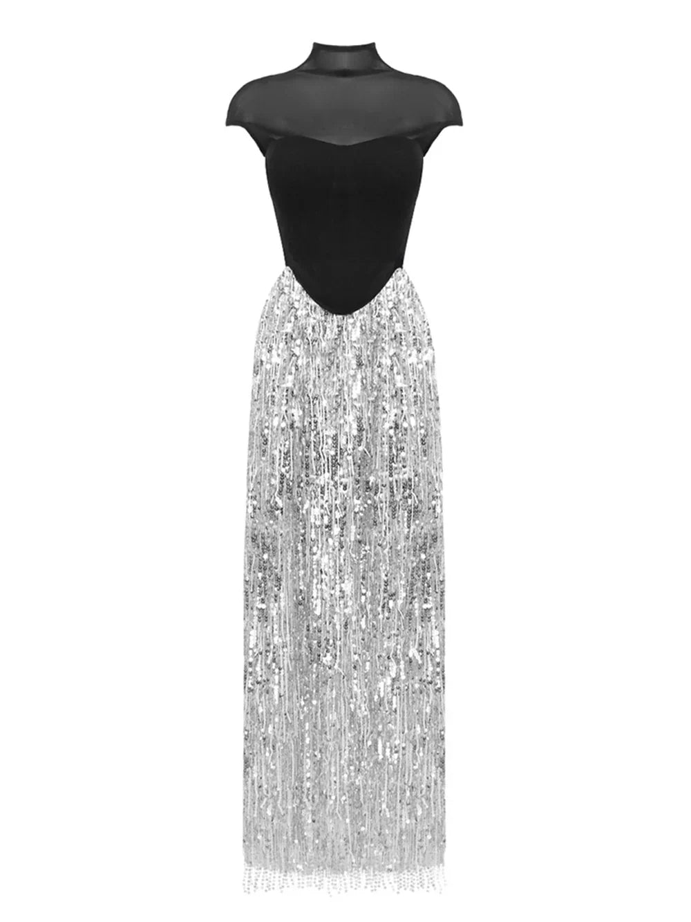 Black Fishbone Top Sequin Mesh Long Skirt Set