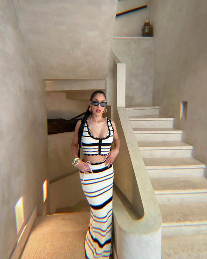 Striped Contrast Knitted Top and Long Skirt Set