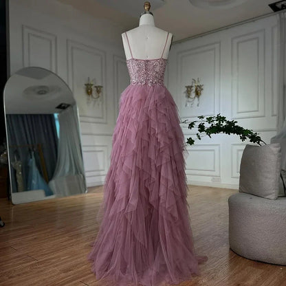 Pink Evening Gown Beaded Bodice and Layered Tulle Skirt